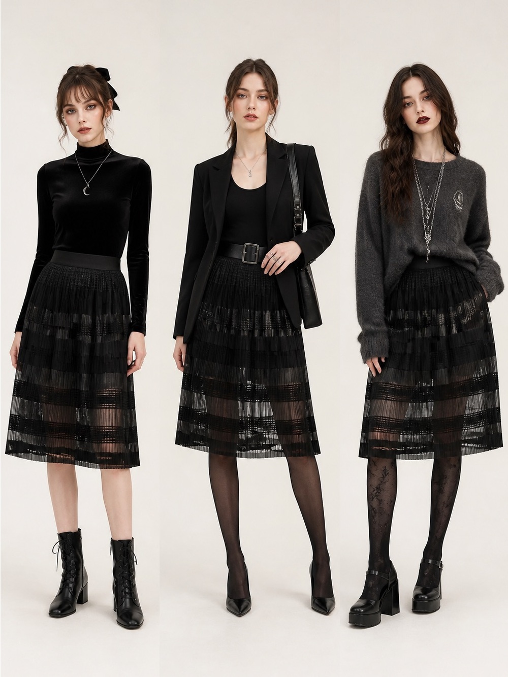Black Sheer Pleated Midi Skirt Whimsigoth S/M